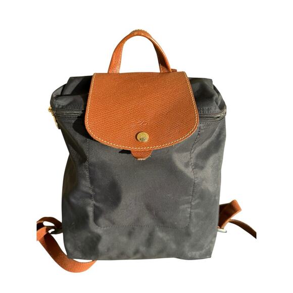 Longchamp Le Pliage Nylon Backpack Black Brown Leather Flap Logo Hardware - Picture 1 of 9